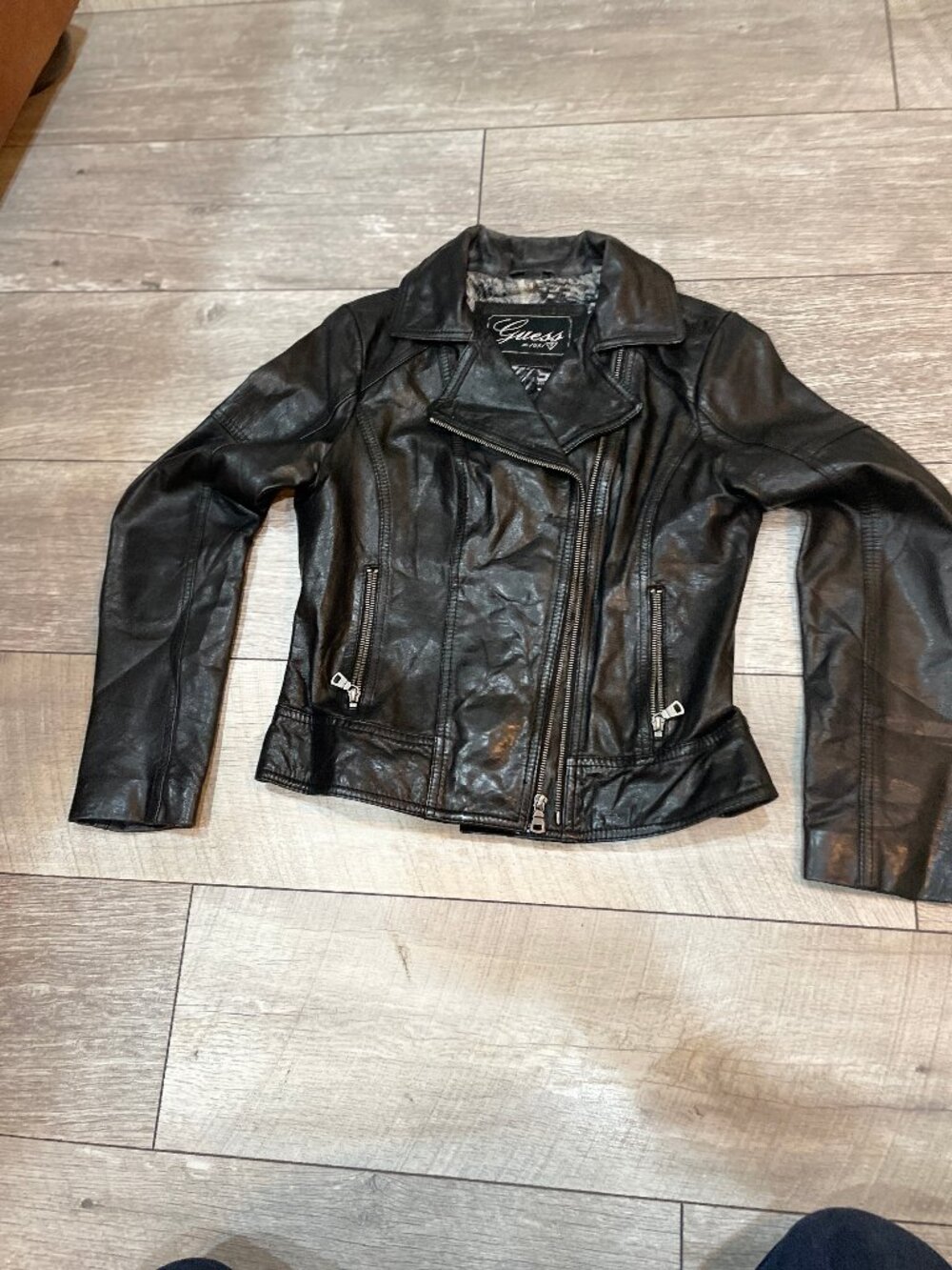 Guess Black Leather Moto Jacket Womens Medium Biker Asymmetrical Zip - Picture 4 of 11